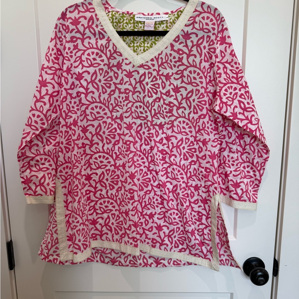 Gretchen Scott Designs Pink and White Boxy 3/4 Sleeve Tunic